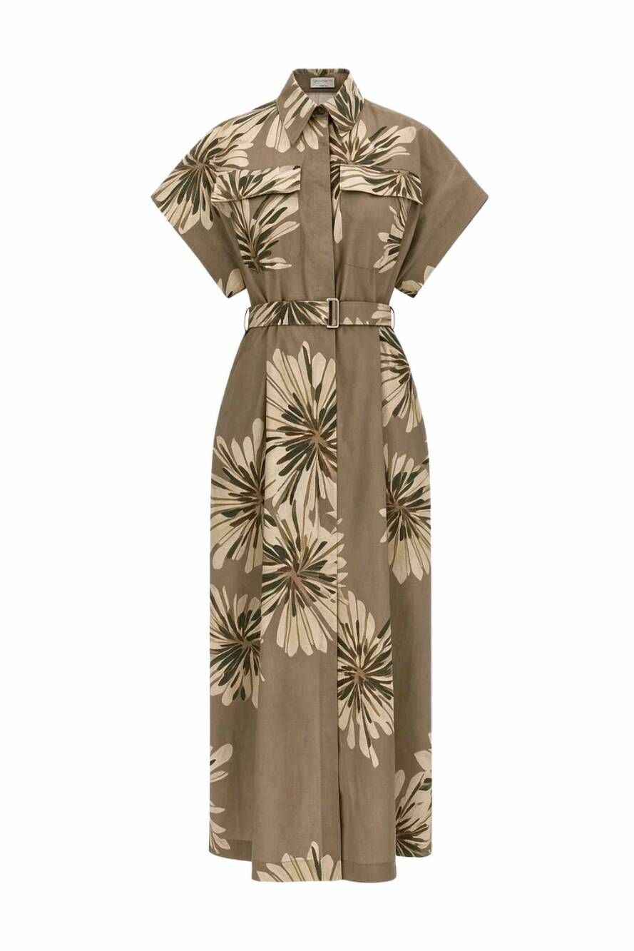 NEW BRUNELLO CUCINELLI women's floral print chemisier dress in taupe